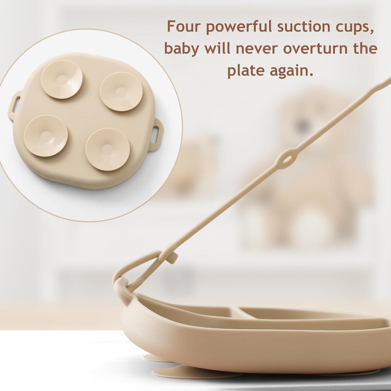 Andy Bear Store Silicone Plates for Babies with Suction Divided Baby Spoons Silicone Baby Toy Straps All-in-one Plates Silicone Placemat for Babies Toddlers Attachable Tethers & Built-in Suction Cups-Blush - Image 3